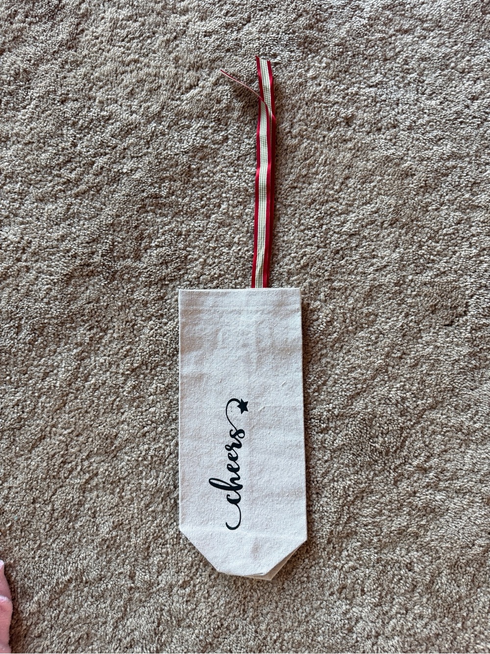 New Cheers Cotton Holiday Wine Bag with Red Stripe Ribbon